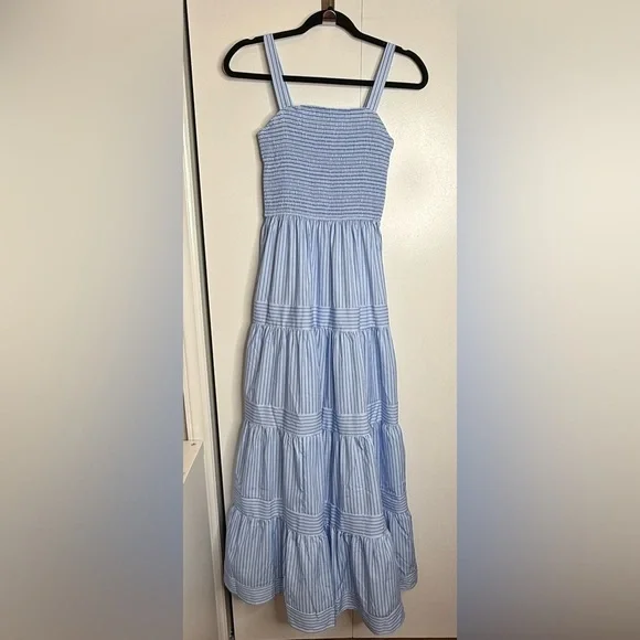 Commense Pinstripe Shirred Backless Long Cami Dress Smocked Blue White NWT Small - Picture 4 of 12